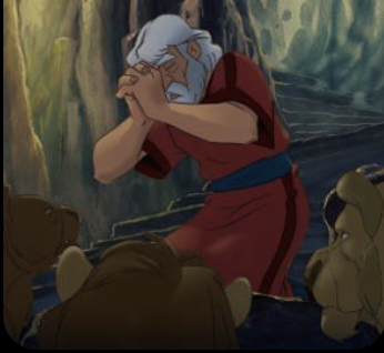 Daniel in the lions den, praying with faith to be saved. 
